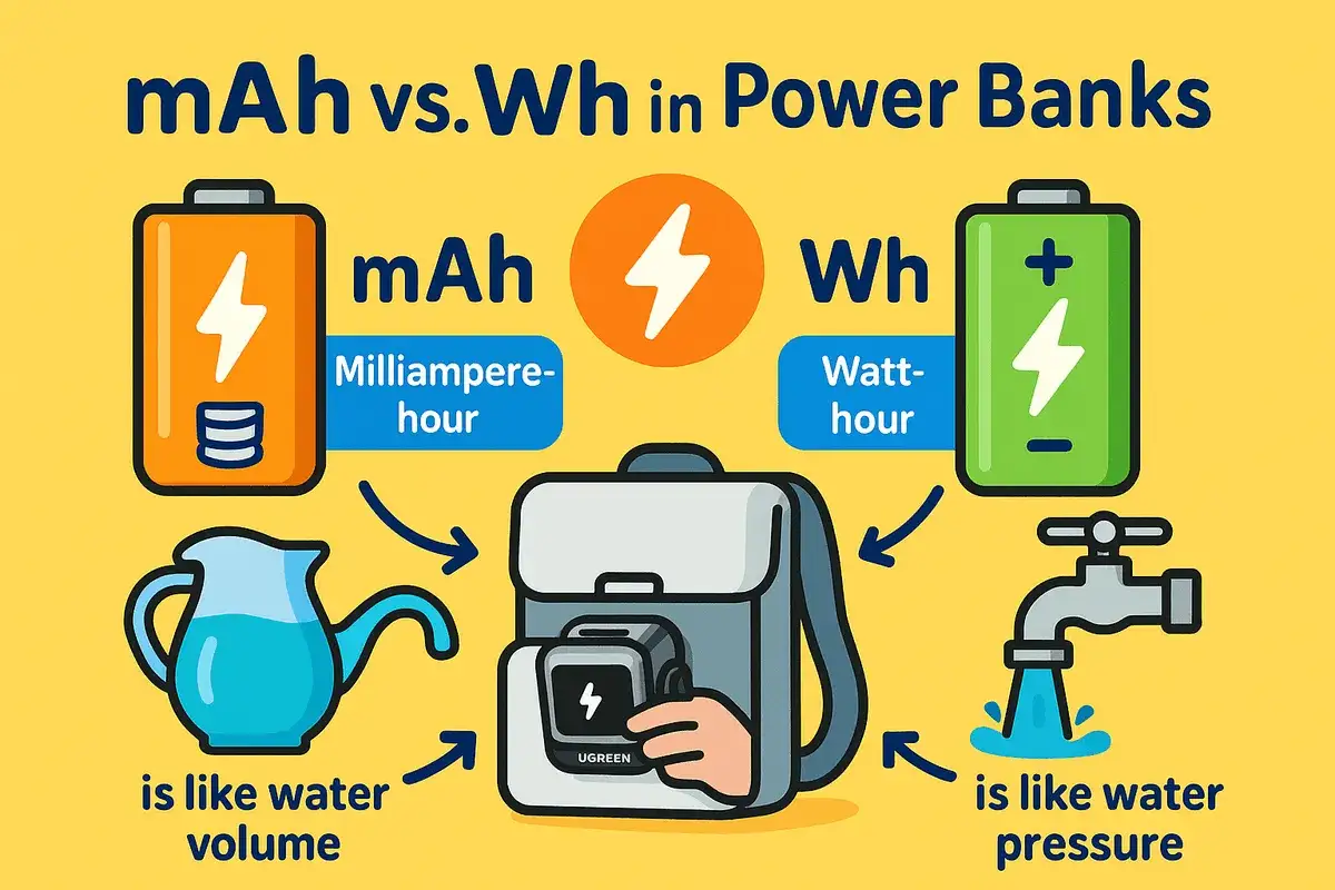 Porównanie mAh i Wh w power bankach. Pojemność akumulatora w mAh to jak objętość wody, a Wh jak ciśnienie wody.