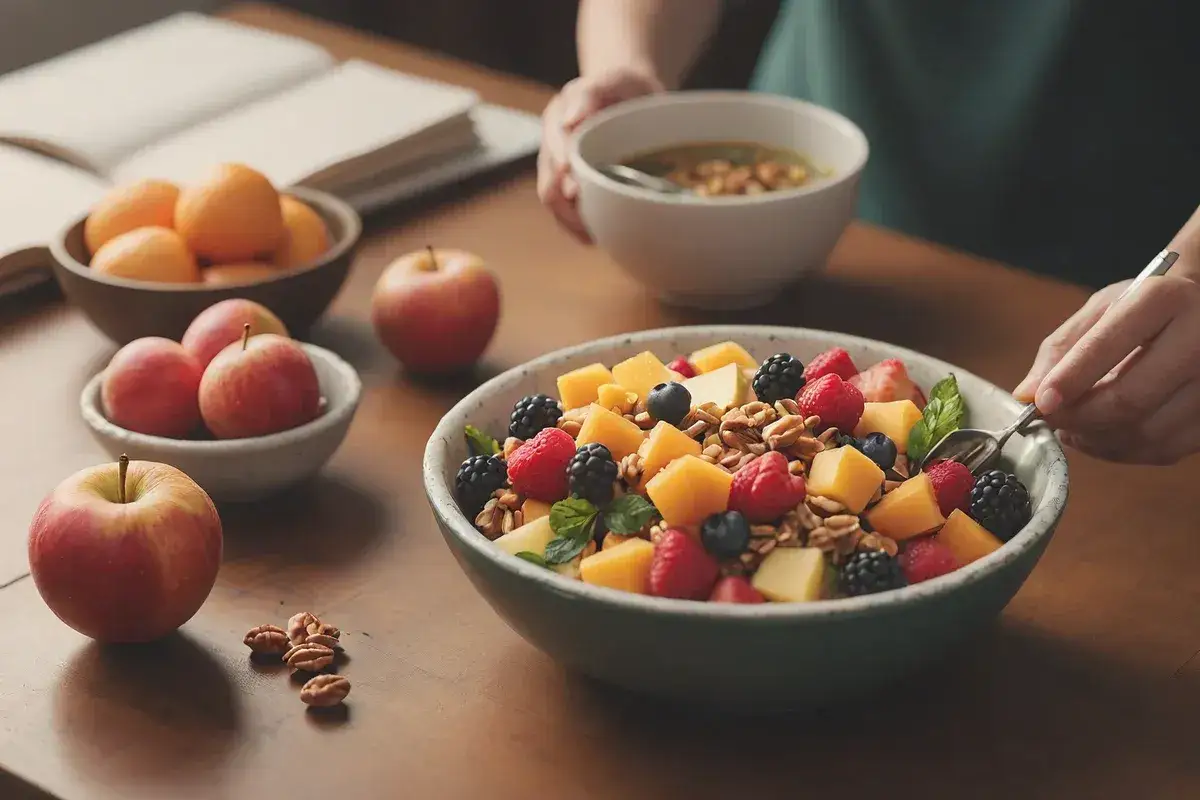 Kolorowa sałatka owocowa z jagodami, malinami i kawałkami mango, idealna jako zdrowe owoce dla cukrzyka.