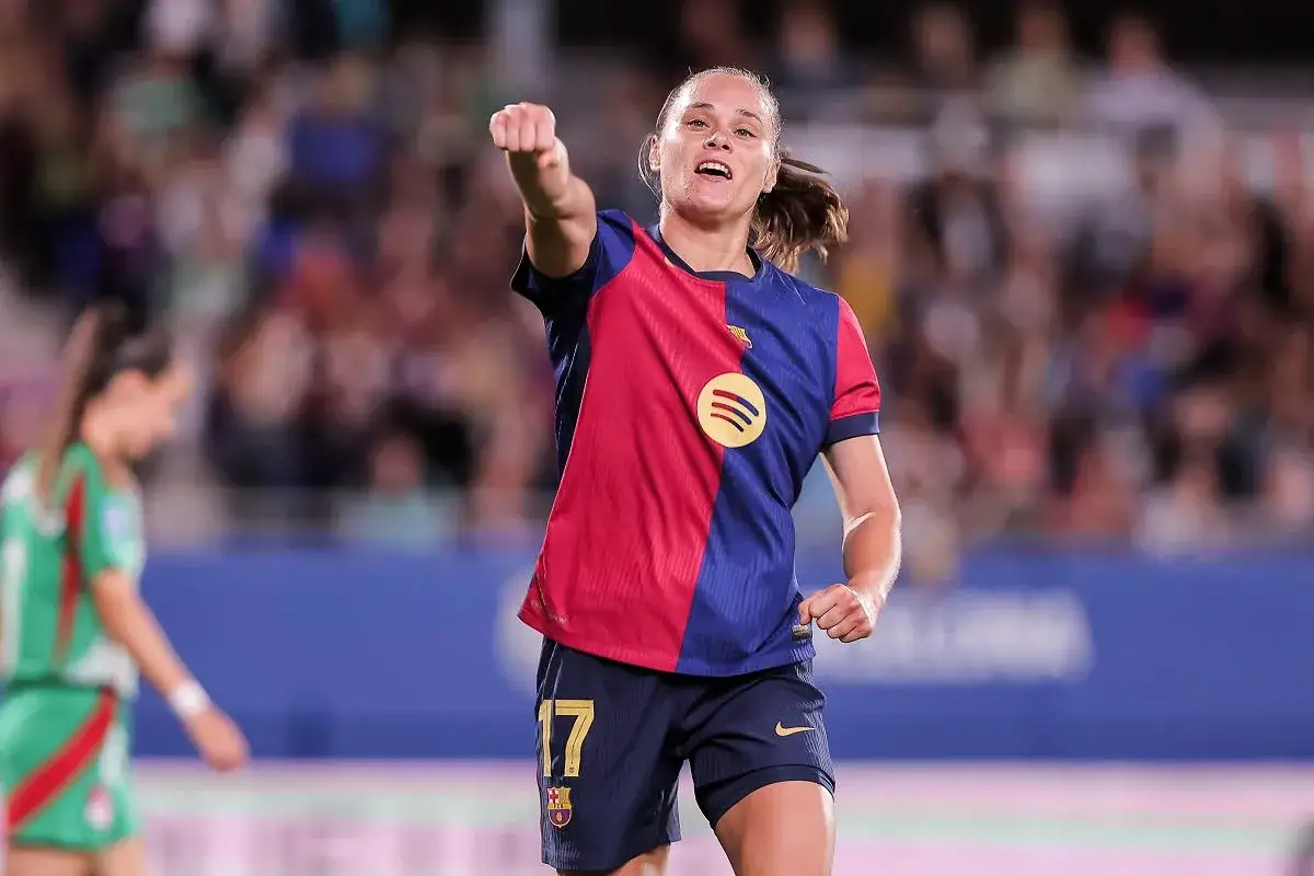 Ewa Pajor w barwach Barcelony świętuje zdobycie bramki. Jej obecne drużyny to FC Barcelona Femení.
