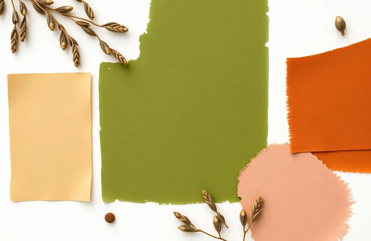 Farbpalette: welche Farbe passt zu Oliv? Ein großer grüner Fleck, daneben ein hellgelbes Blatt, ein Pfirsich- und ein Orangeton. Getrocknete Gräser und ein brauner Punkt.