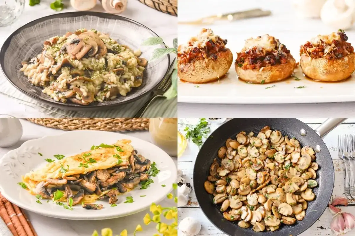 Collage de cuatro platos con champi&ntilde;ones: risotto, champi&ntilde;ones rellenos, tortilla y champi&ntilde;ones salteados. &iexcl;Ideas deliciosas para recetas con champi&ntilde;ones!