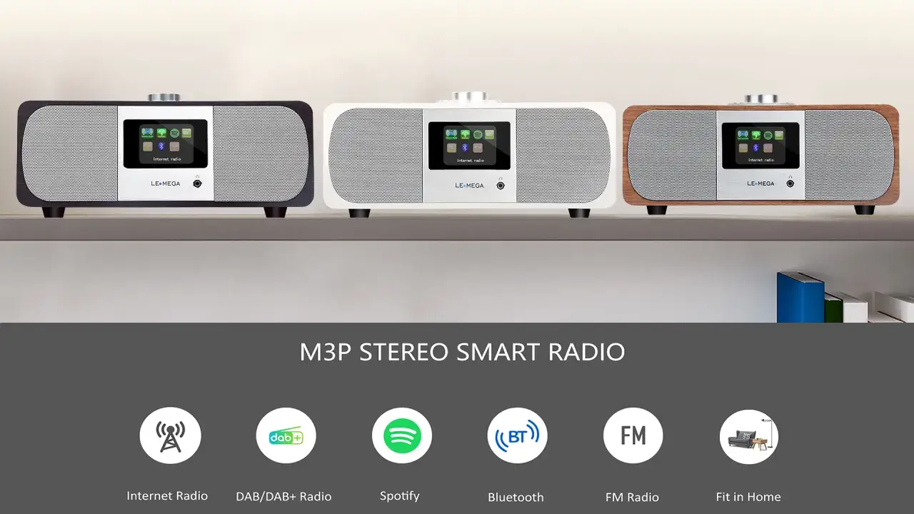Trzy stylowe radia internetowe LE-MEGA w różnych kolorach. Odkryj najlepsze radio internetowe z funkcjami DAB+, Spotify i Bluetooth.
