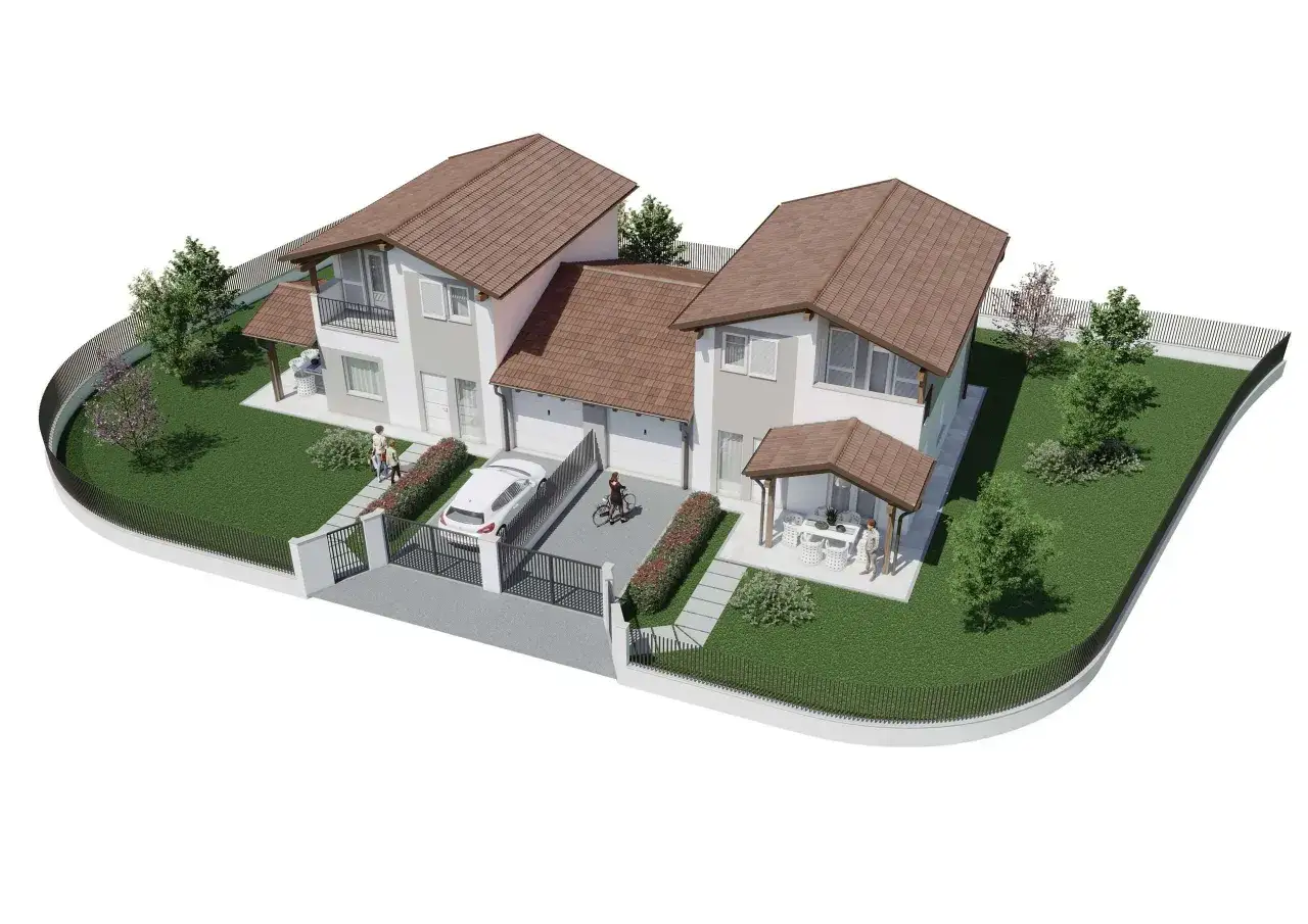 Case bifamiliare con giardino, cancello, auto e persone. Il significato di bifamiliare &egrave; una casa divisa in due unit&agrave; abitative.