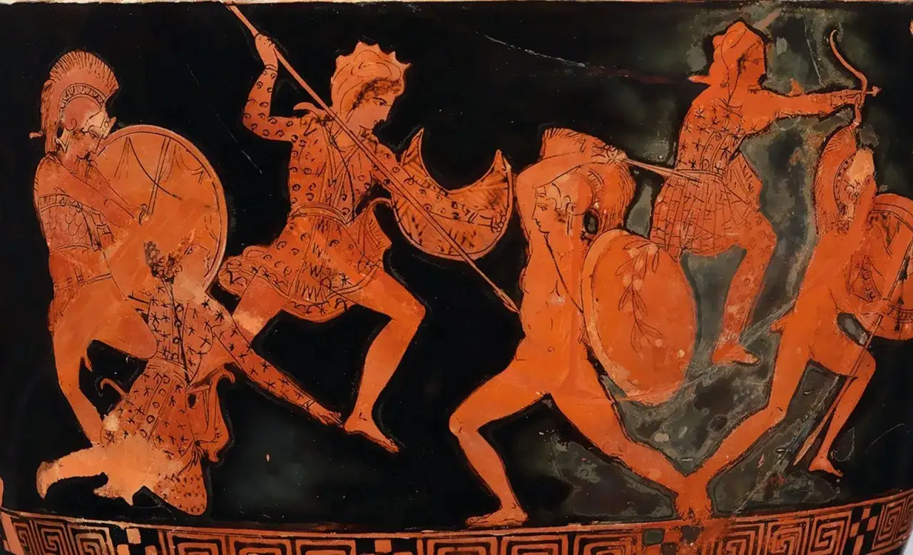 Scène de combat antique : Hercule affronte des guerriers, peut-être pour la ceinture d'Hippolyte. Figures rouges sur fond noir.