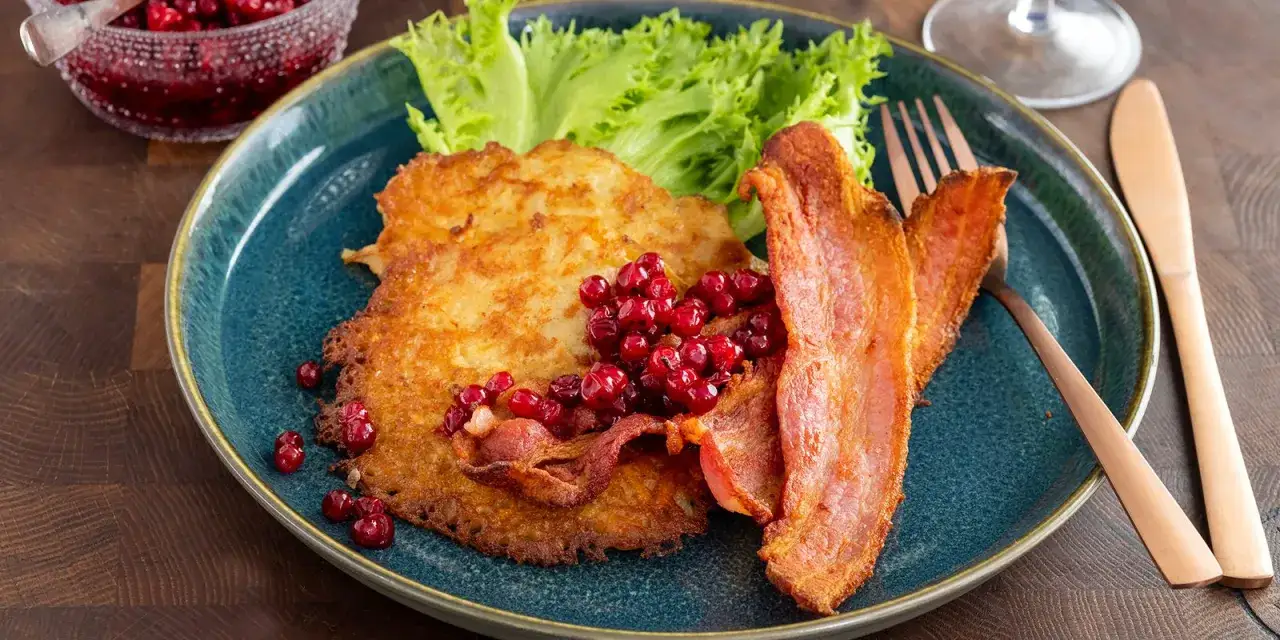 Raggmunk recept: Krispiga potatisplättar med stekt fläsk, lingon och sallad. En klassisk svensk rätt.