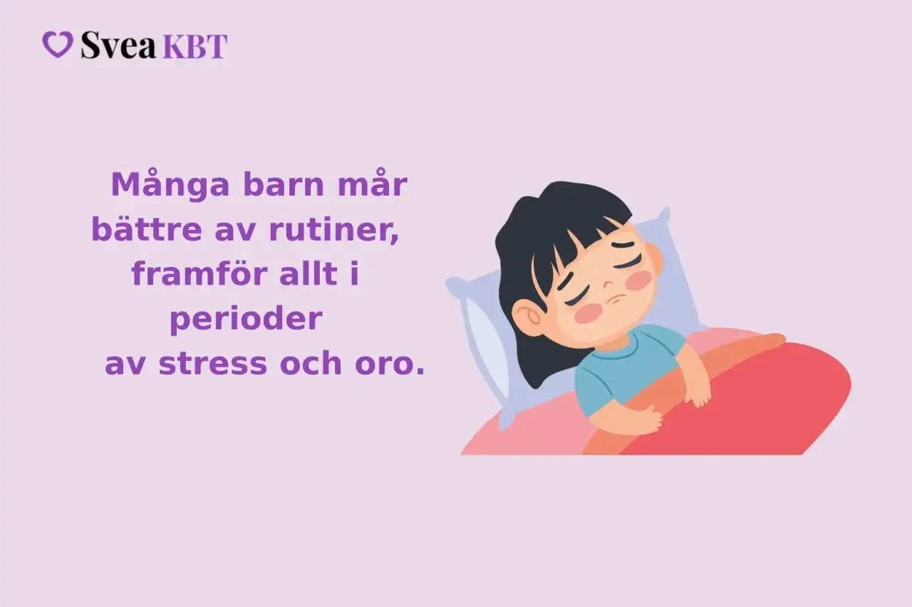 Illustration av ett barn som sover oroligt, med text om ångest hos barn och vikten av rutiner vid stress.
