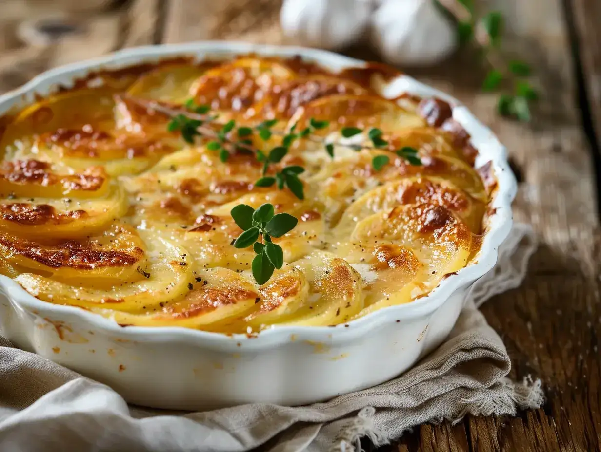 En kr&auml;mig moussaka med potatis, gyllene och bubblande i en vit form, toppad med f&auml;rska &ouml;rter.