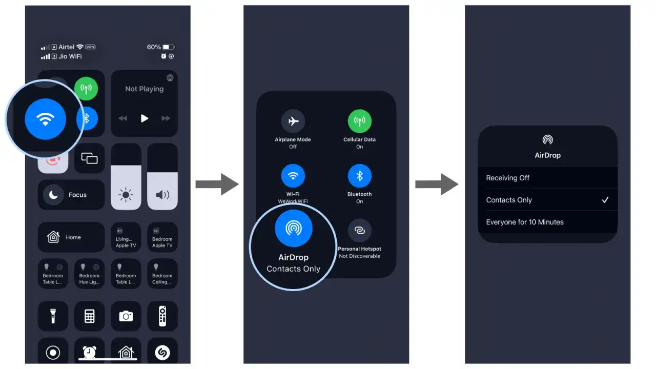 Jak włączyć AirDrop? Na ekranie iPhone'a widzimy opcje: Odbieranie wyłączone, Tylko kontakty, Wszyscy przez 10 minut.