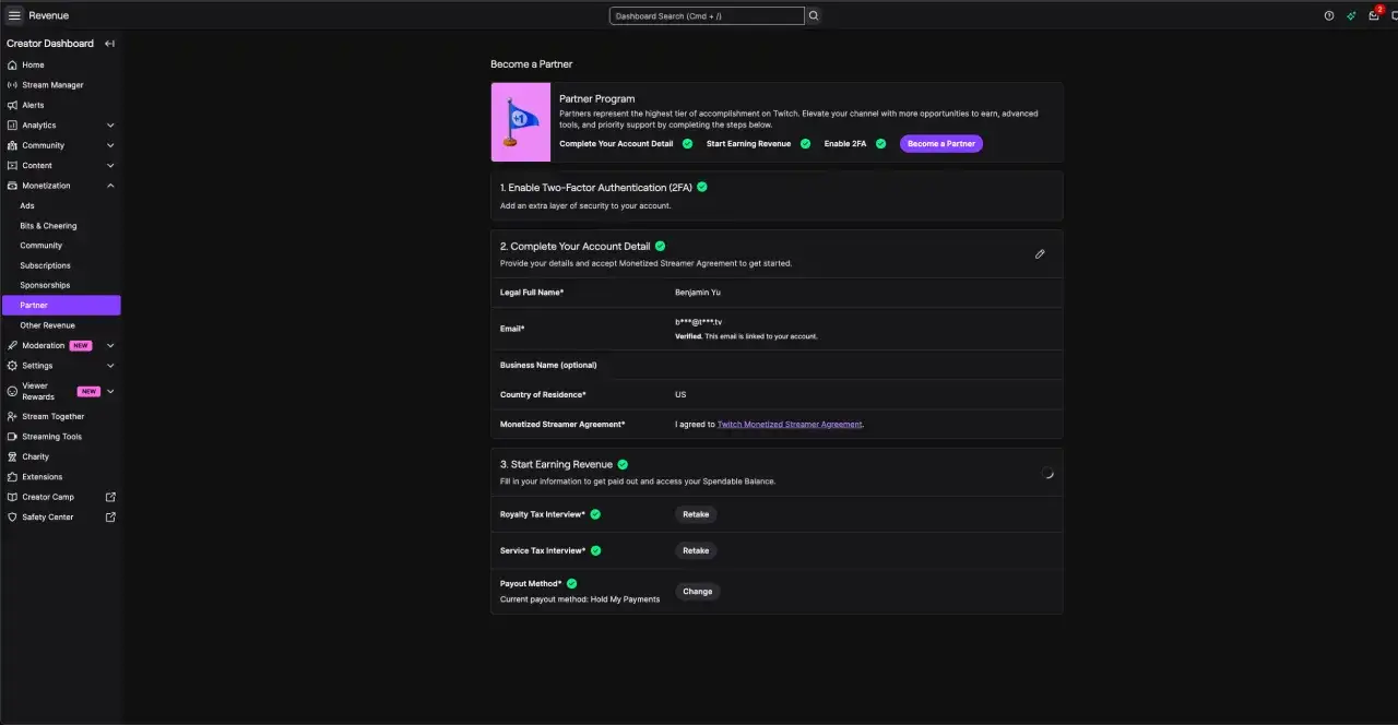 Schritte zum Twitch Partner werden: 2FA aktivieren, Details ausf&uuml;llen und Einnahmen starten.