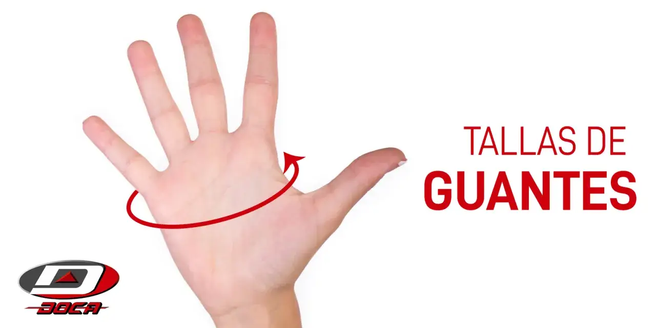 Mano abierta con flecha roja indicando cómo medir la mano para guantes. Texto