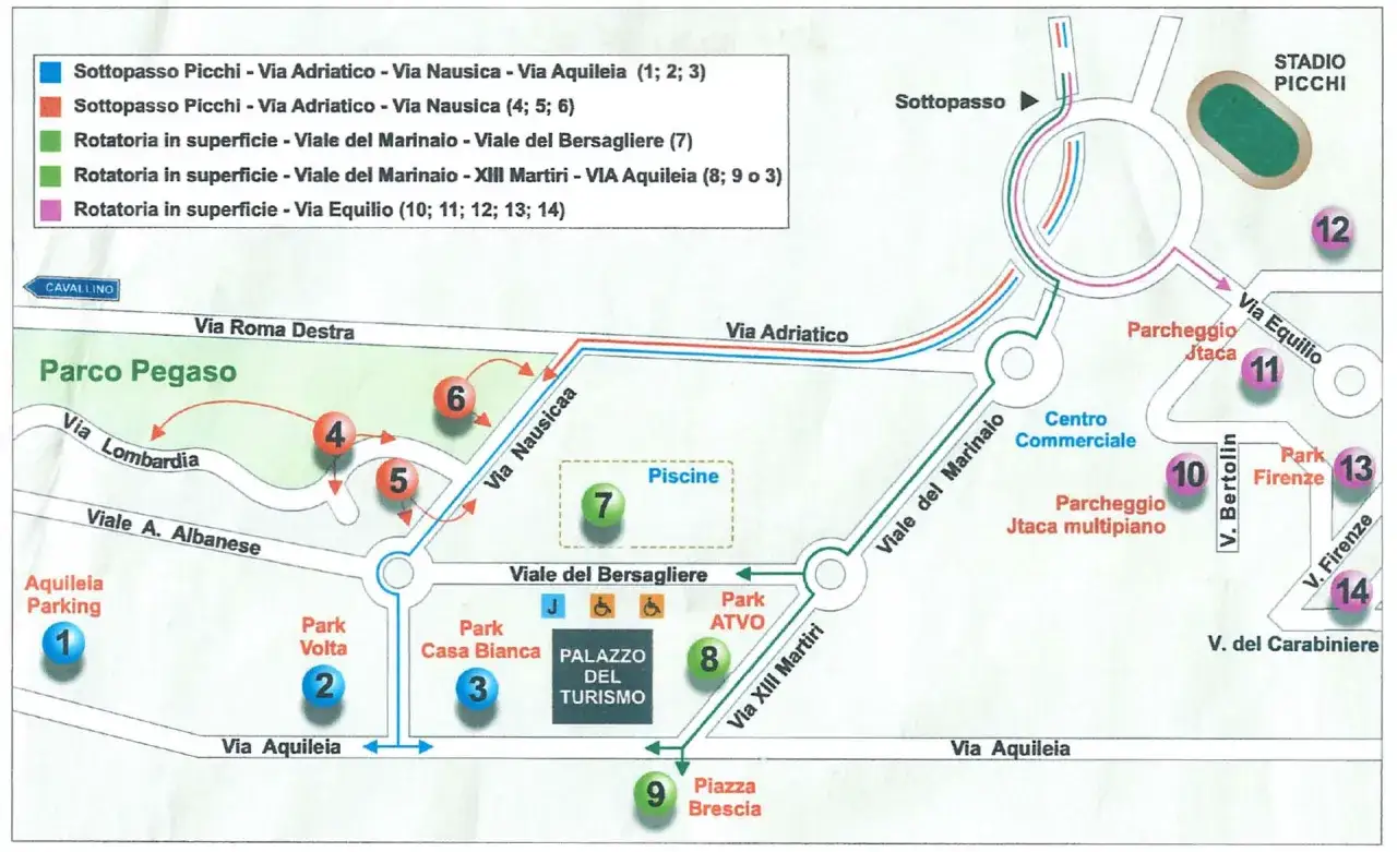 Mappa di Jesolo Venezia con indicazioni stradali, parchi, parcheggi e punti di interesse.