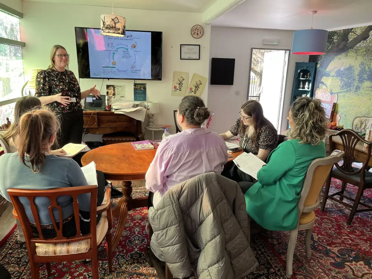 A woman, acting as an emotional coach, presents a cycle diagram to a group of women seated around a table.