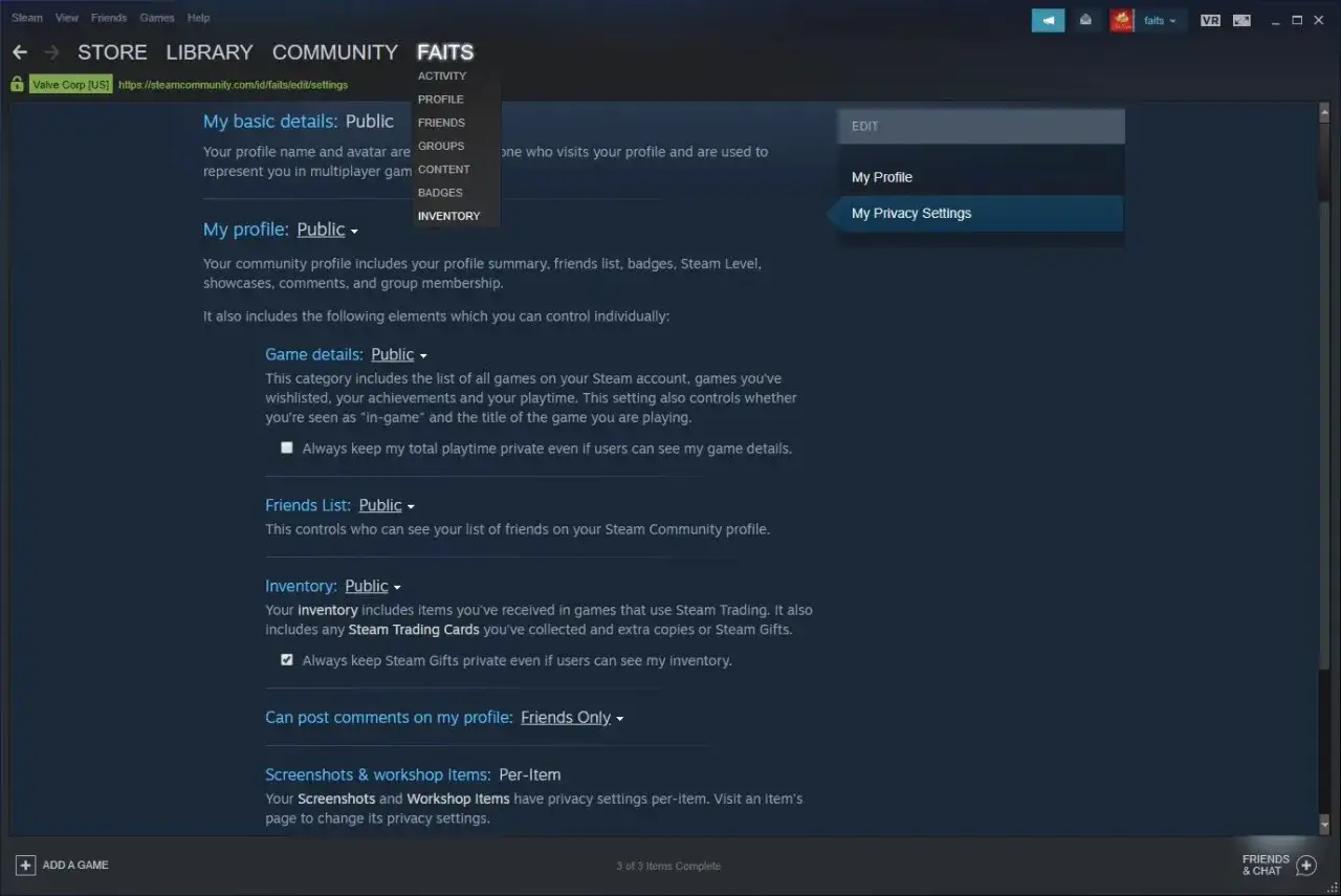 Ustawienia prywatności profilu Steam, gdzie można zarządzać widocznością gry, listy znajomych i ekwipunku. Kod URL Steam jest widoczny w pasku adresu.