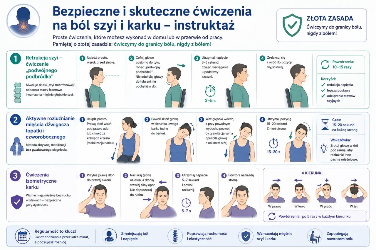 Ćwiczenia na ból szyi i karku: retrakcja, rozluźnianie mięśni, izometryczne. Pomagają przy nerwobólu w szyi, redukują napięcie i poprawiają postawę.