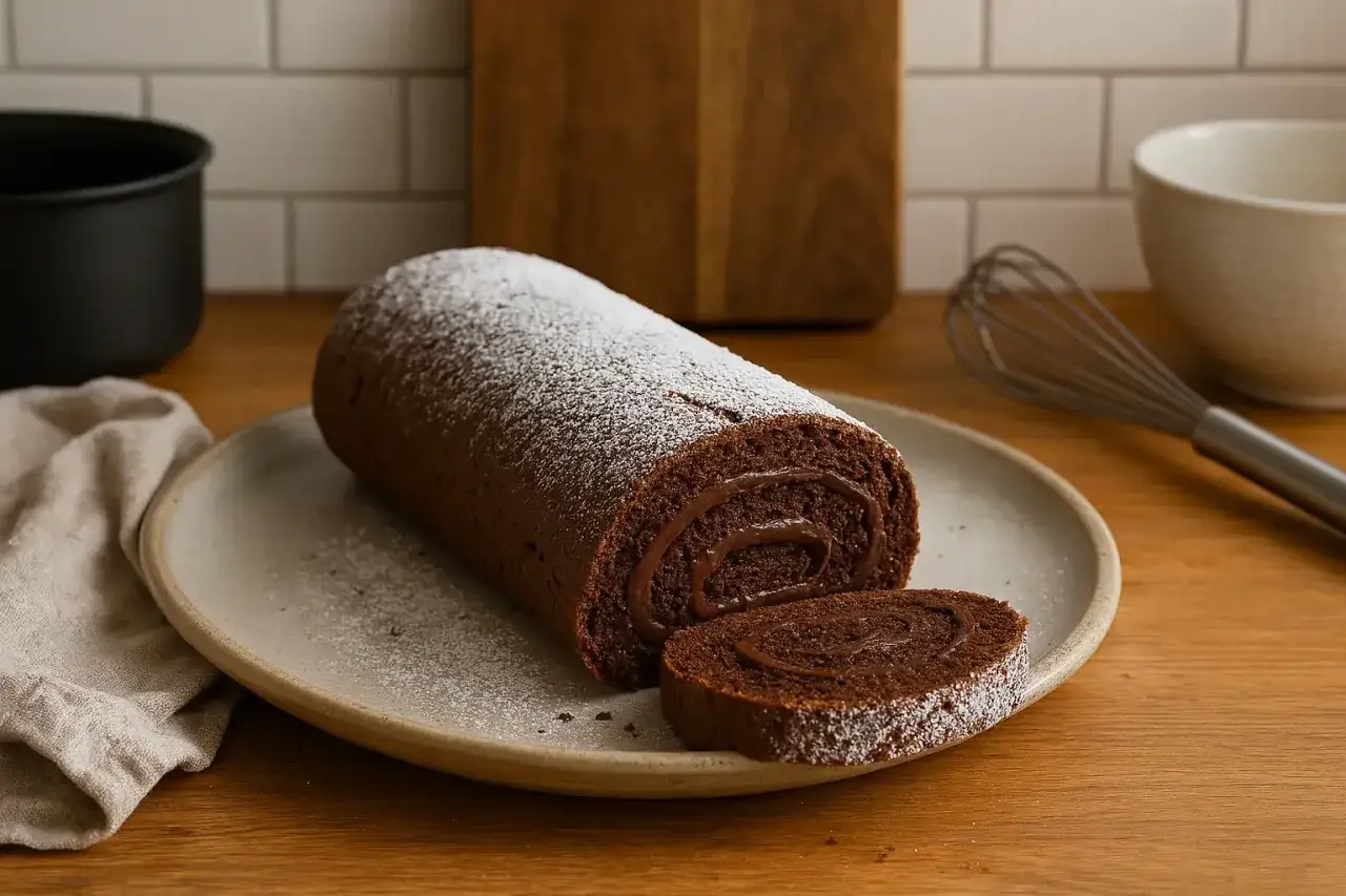 Un d&eacute;licieux roul&eacute; au chocolat saupoudr&eacute; de sucre glace, pr&ecirc;t &agrave; &ecirc;tre d&eacute;gust&eacute;.