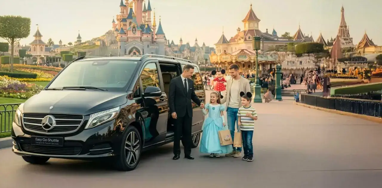 Rodzina z dziećmi wysiada z luksusowego vana przed zamkiem w Disneylandzie. Idealny transport na wakacje, jak loty Kraków-Lourdes.