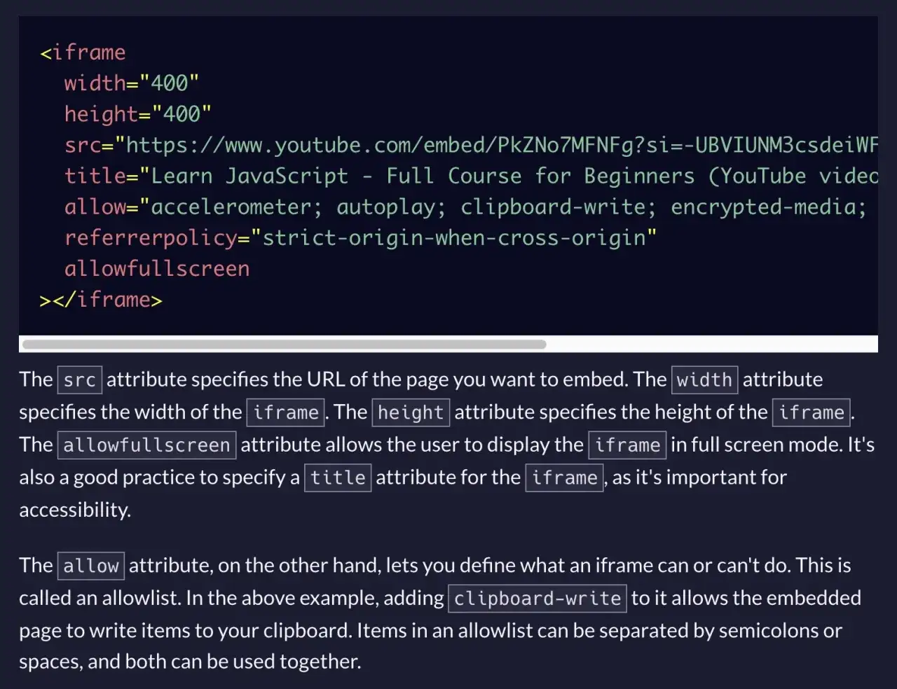 Code HTML pour un iframe, affichant une vidéo YouTube sur JavaScript. Les attributs définissent la taille, la source et les autorisations, comme `clipboard-write`.