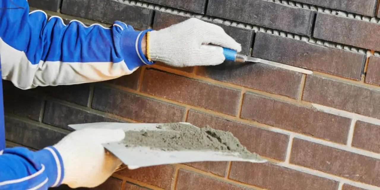 Maintenant, comment nettoyer des briques après avoir fait les joints. Un ouvrier en bleu et blanc utilise un outil pour lisser le mortier.