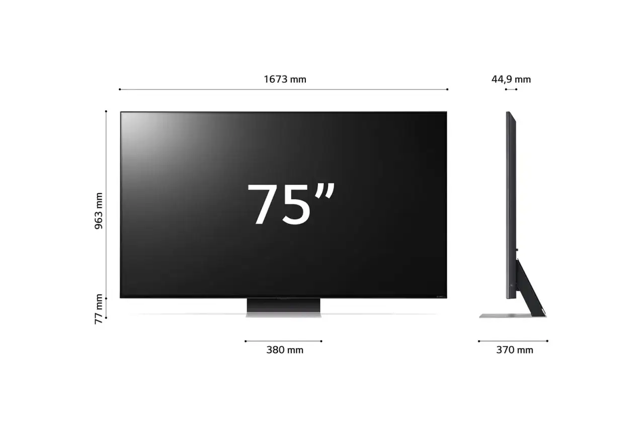 Wymiary telewizora 75 cali: 1673 mm szerokości, 963 mm wysokości, 44,9 mm grubości.