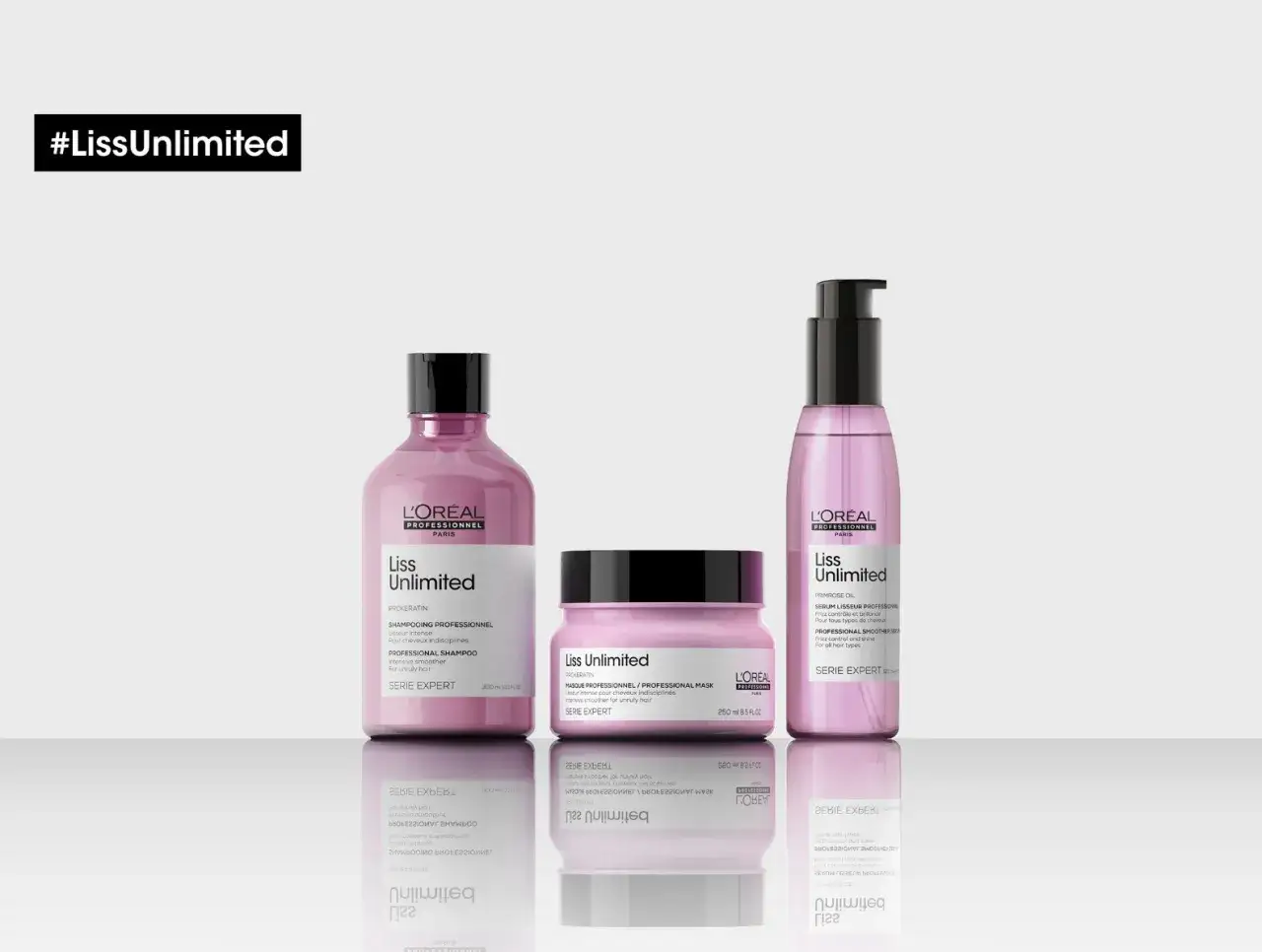 Tres productos de L'Oréal Liss Unlimited para un pelo liso perfecto: champú, mascarilla y sérum.