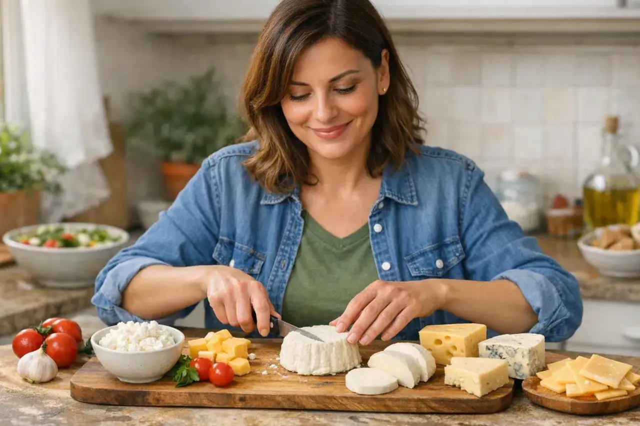 Donna sorridente prepara un tagliere di formaggi misti, tra cui provolone, con pomodorini e insalata.