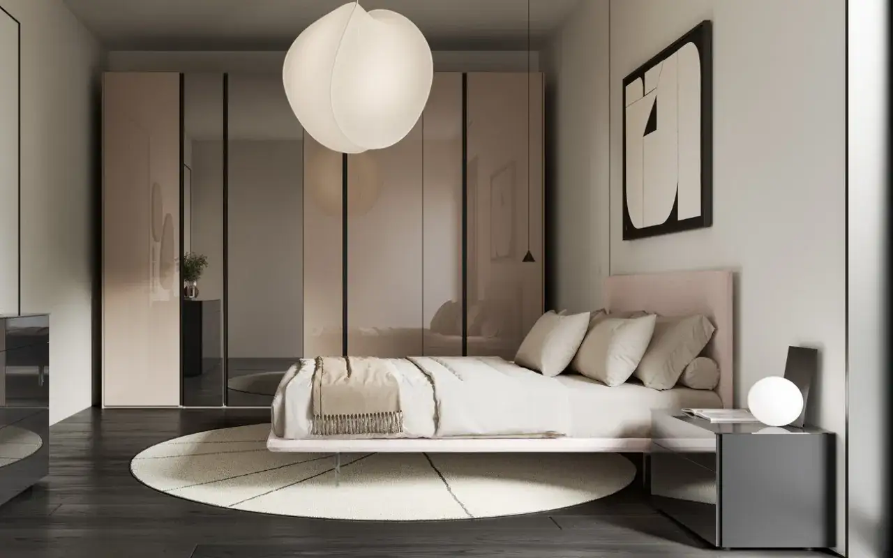 Elegante camera da letto con letto rosa, armadio a specchio e lampada a sospensione. Un esempio di design interni moderno e raffinato.
