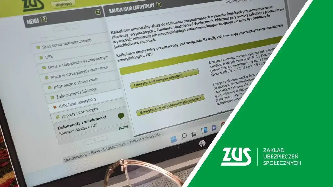 Przykładowe wyliczenie emerytury na kalkulatorze ZUS. Widoczny panel z opcjami, w tym