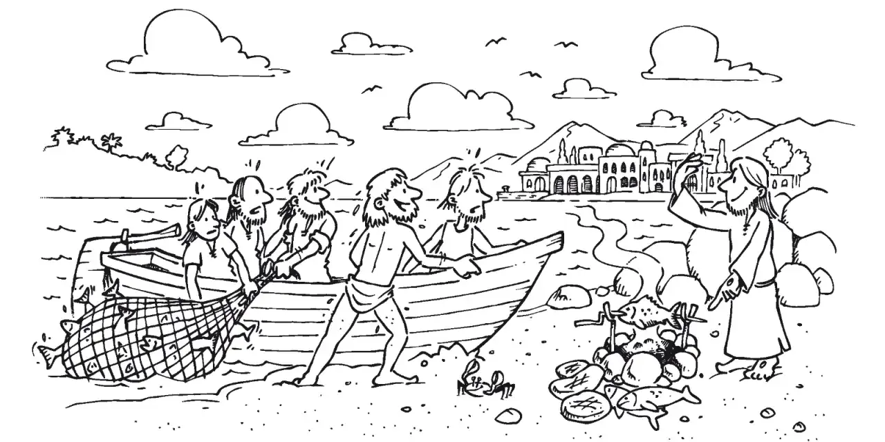 Fischer im Boot ziehen ein Netz voller Fische an Land. Jesus steht am Ufer und deutet auf ein Feuer mit Fischen. Johannes 21.