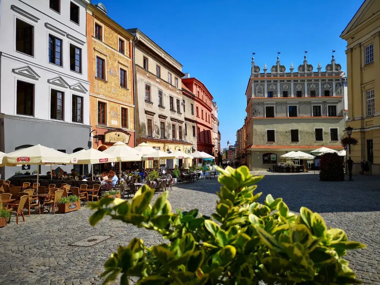 Słoneczny rynek w Lublinie z kawiarnianymi ogródkami i zabytkowymi kamienicami.