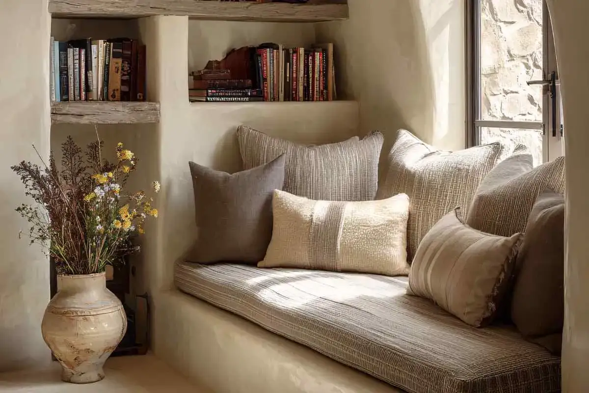Acogedor rinc&oacute;n de lectura con cojines mullidos, libros en estanter&iacute;as r&uacute;sticas y un jarr&oacute;n con flores silvestres.
