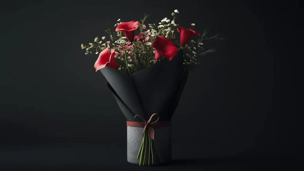 Un bouquet de callas rouges et de petites fleurs blanches, emball&eacute; dans du papier noir et nou&eacute; avec un ruban. Offrir des fleurs &agrave; un homme, signification : un geste fort et &eacute;l&eacute;gant.