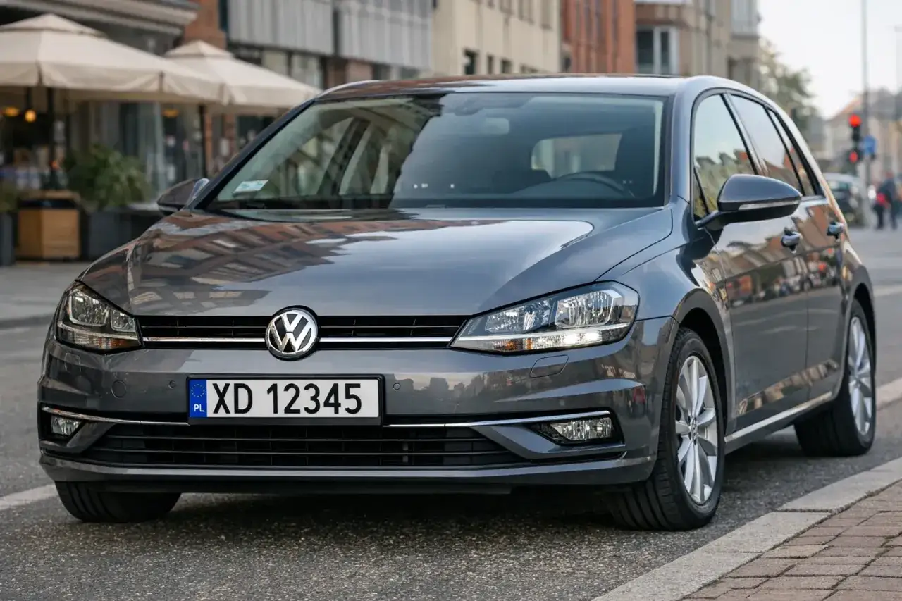 Szary Volkswagen Golf z polską tablicą rejestracyjną XD 12345 stoi na ulicy.