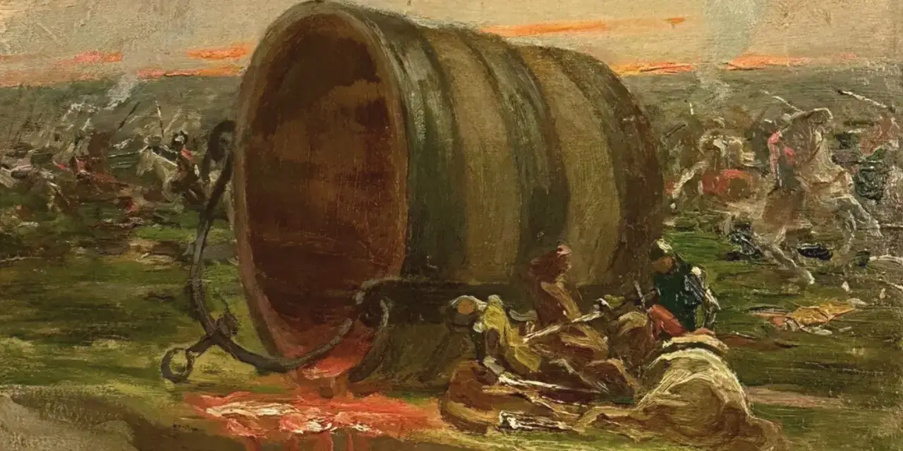 Una scena di battaglia con un grande secchio rovesciato, liquido rosso che cola. Cavalieri e soldati in lontananza, in una **contesa del secchio** drammatica.