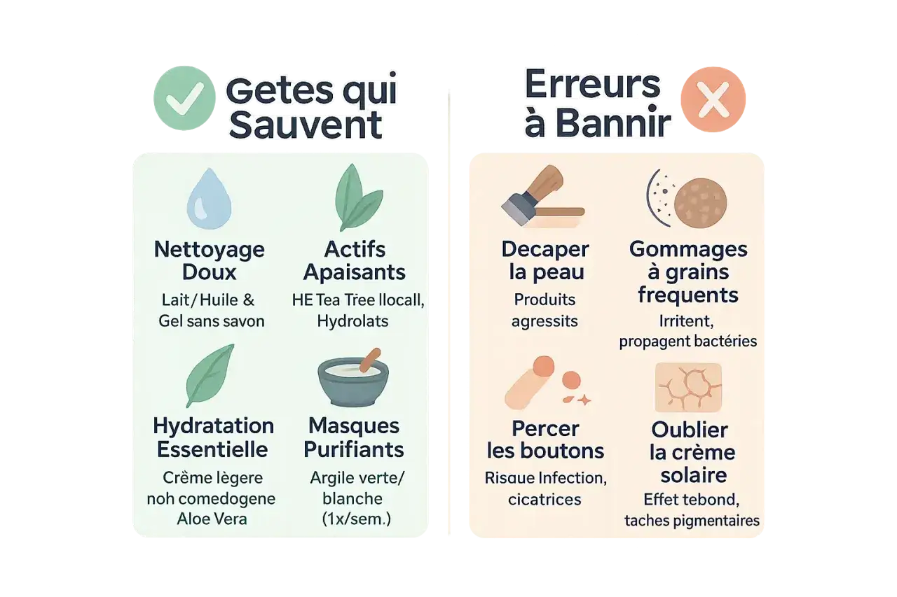 Conseils pour gérer l'acné et la ménopause : nettoyage doux, actifs apaisants, hydratation. Erreurs à éviter : décaper la peau, gommages fréquents, percer les boutons, oublier la crème solaire.