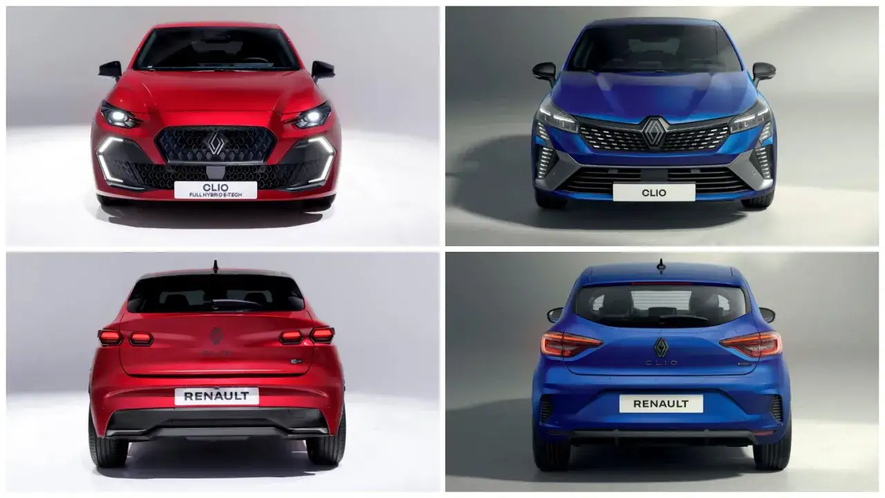 Czerwony i niebieski Renault Clio 6 prezentowane z przodu i z tyłu. Nowoczesne linie i światła LED.