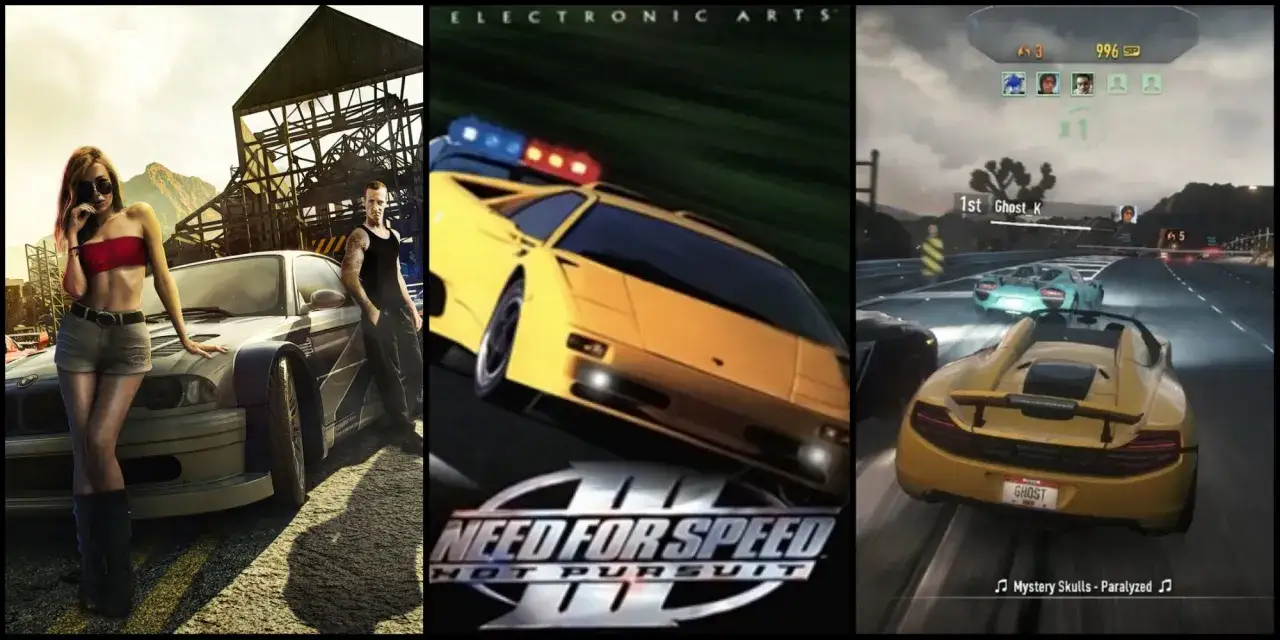 Trzy panele z gry Need for Speed: Hot Pursuit. Na pierwszym młoda kobieta i mężczyzna obok BMW. Na drugim żółty Lamborghini z policyjnymi światłami. Na trzecim wyścig z perspektywy gracza. To najlepszy Need for Speed!