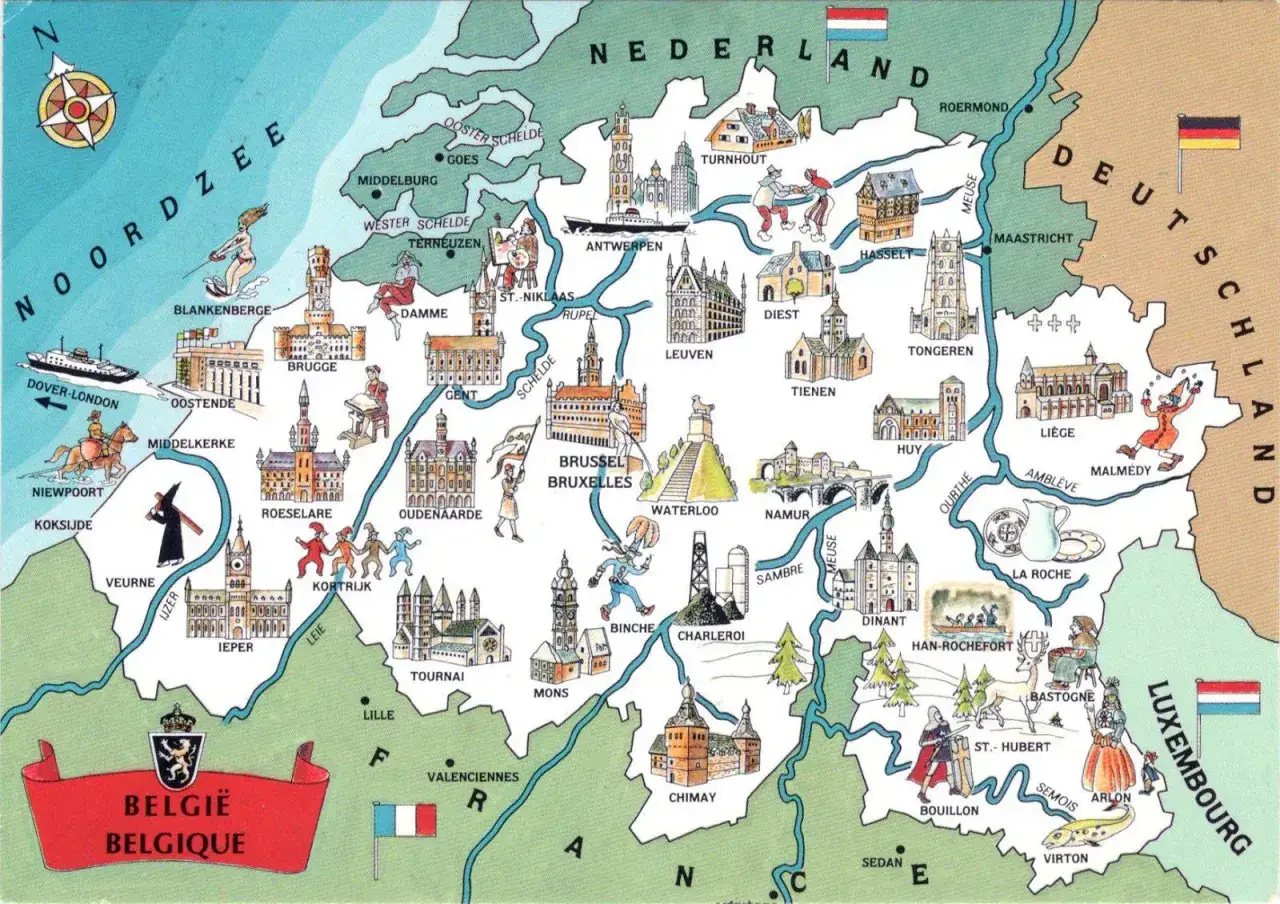 Mappa illustrata del Belgio con citt&agrave; e monumenti, che evoca la ricca storia dei birrifici belgio.