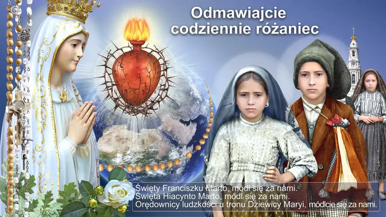 Matka Boża z Fatimy, dzieci, Ziemia i tekst o modlitwie. Trzy Zdrowaś Mario, prośba o modlitwę za wstawiennictwem dzieci fatimskich.