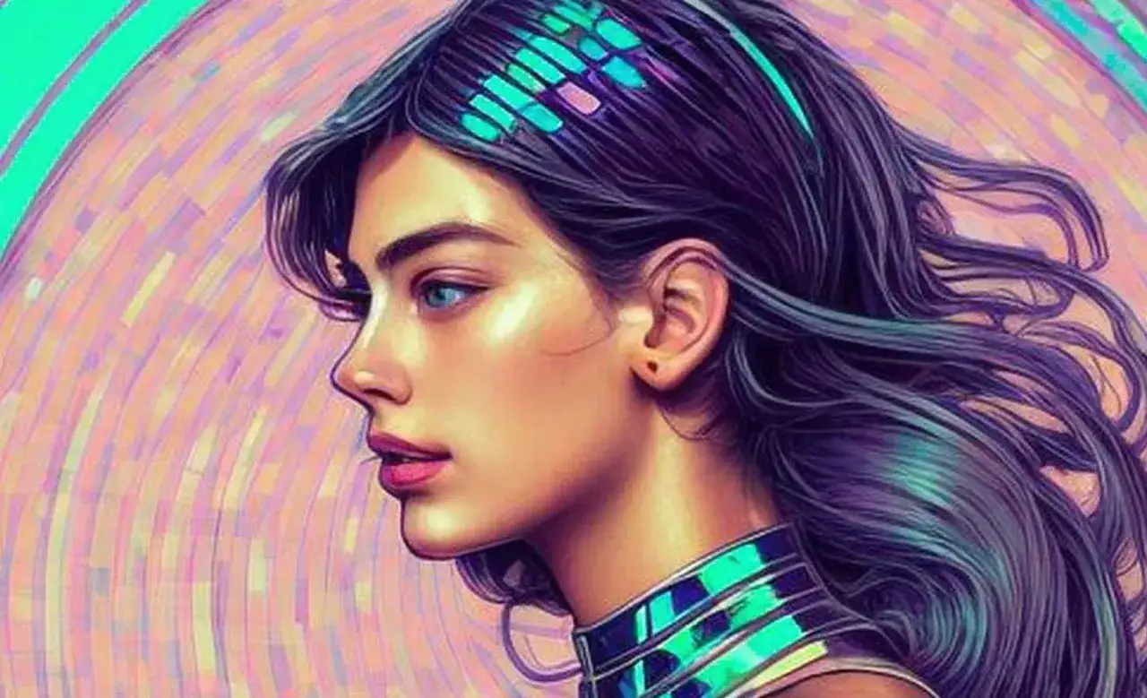 Portret kobiety z niebieskimi oczami i fioletowymi włosami, ozdobionymi futurystyczną **lensa**. Tło w pastelowych barwach.