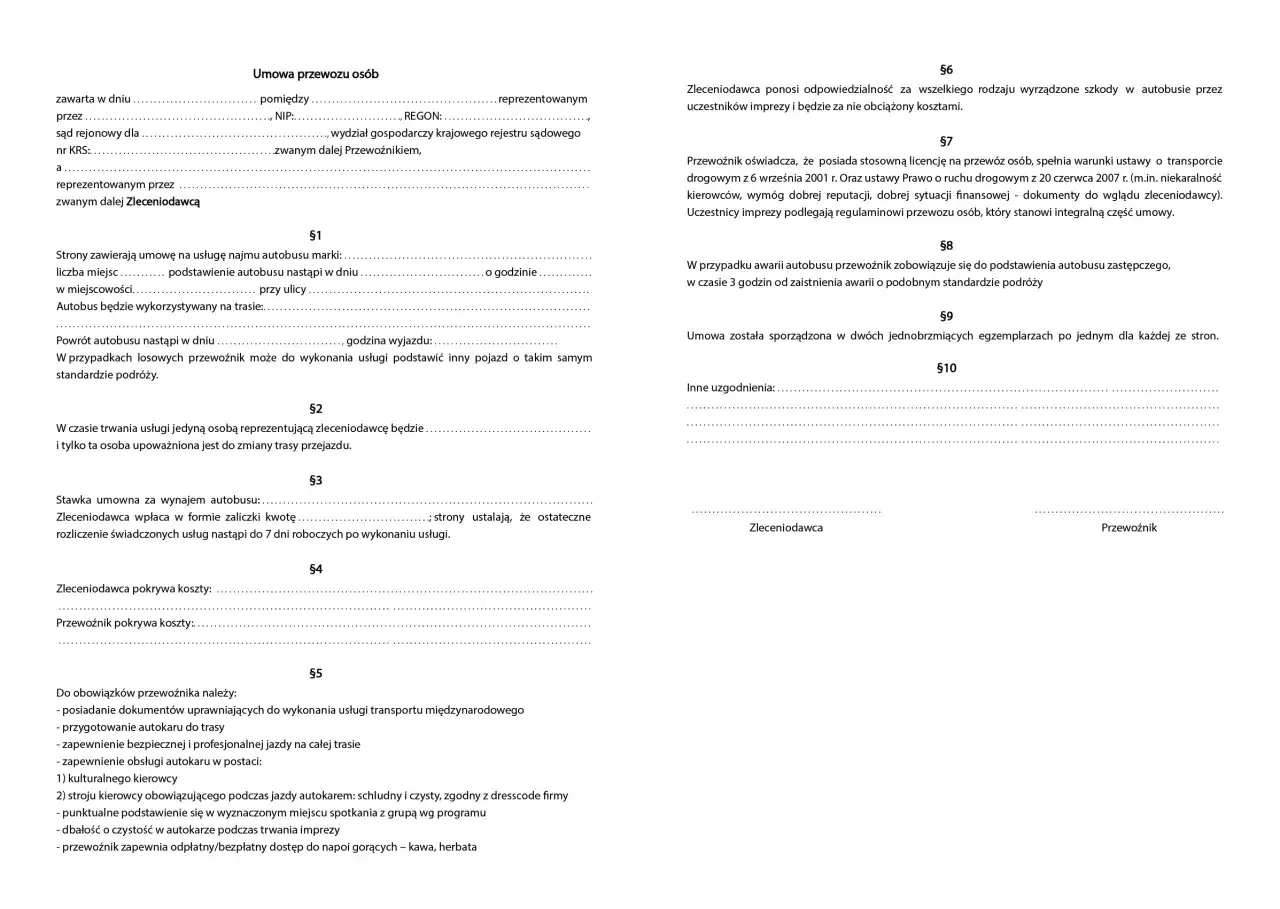 Umowa przewozu osób, w tym szczegóły dotyczące ubezpieczenia assistance, zawiera zapisy o odpowiedzialności stron, licencjach przewoźnika i procedurach w przypadku awarii.