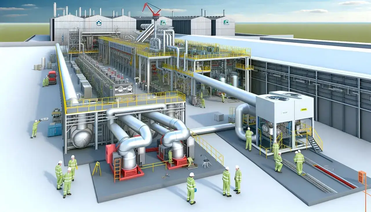 Instalación industrial con operarios trabajando en tuberías y equipos. Se especializa en la producción y manejo de gases fluorados de efecto invernadero.