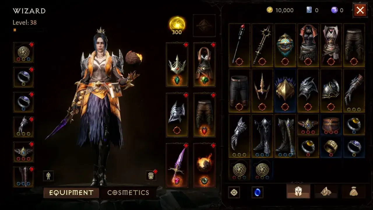 Postać czarodziejki na poziomie 38 w Diablo Immortal, z ekwipunkiem i kosmetykami.