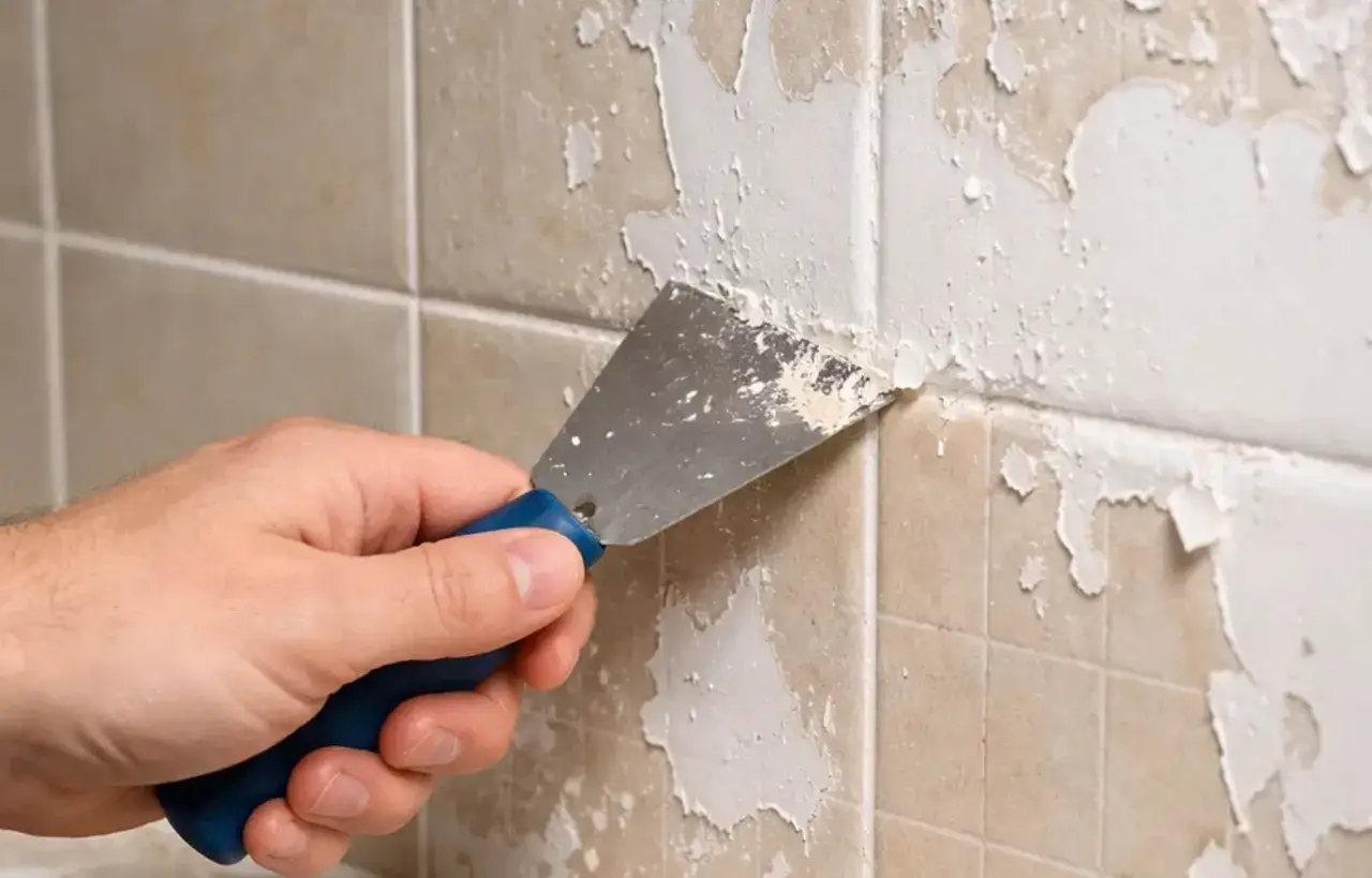Main tenant enlever peinture sur carrelage avec une spatule. La peinture s'écaille sur les carreaux beiges.