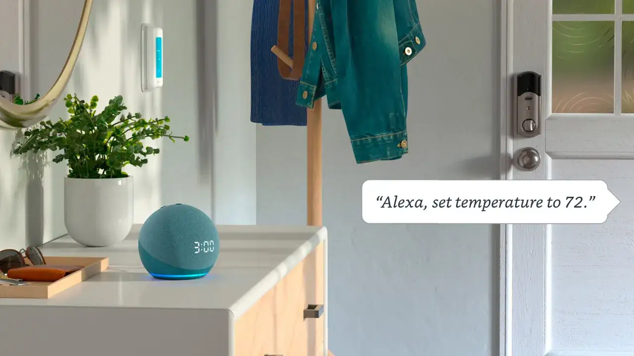 Ein blauer Echo Dot zeigt 3:00 Uhr. Ein Sprachbefehl 