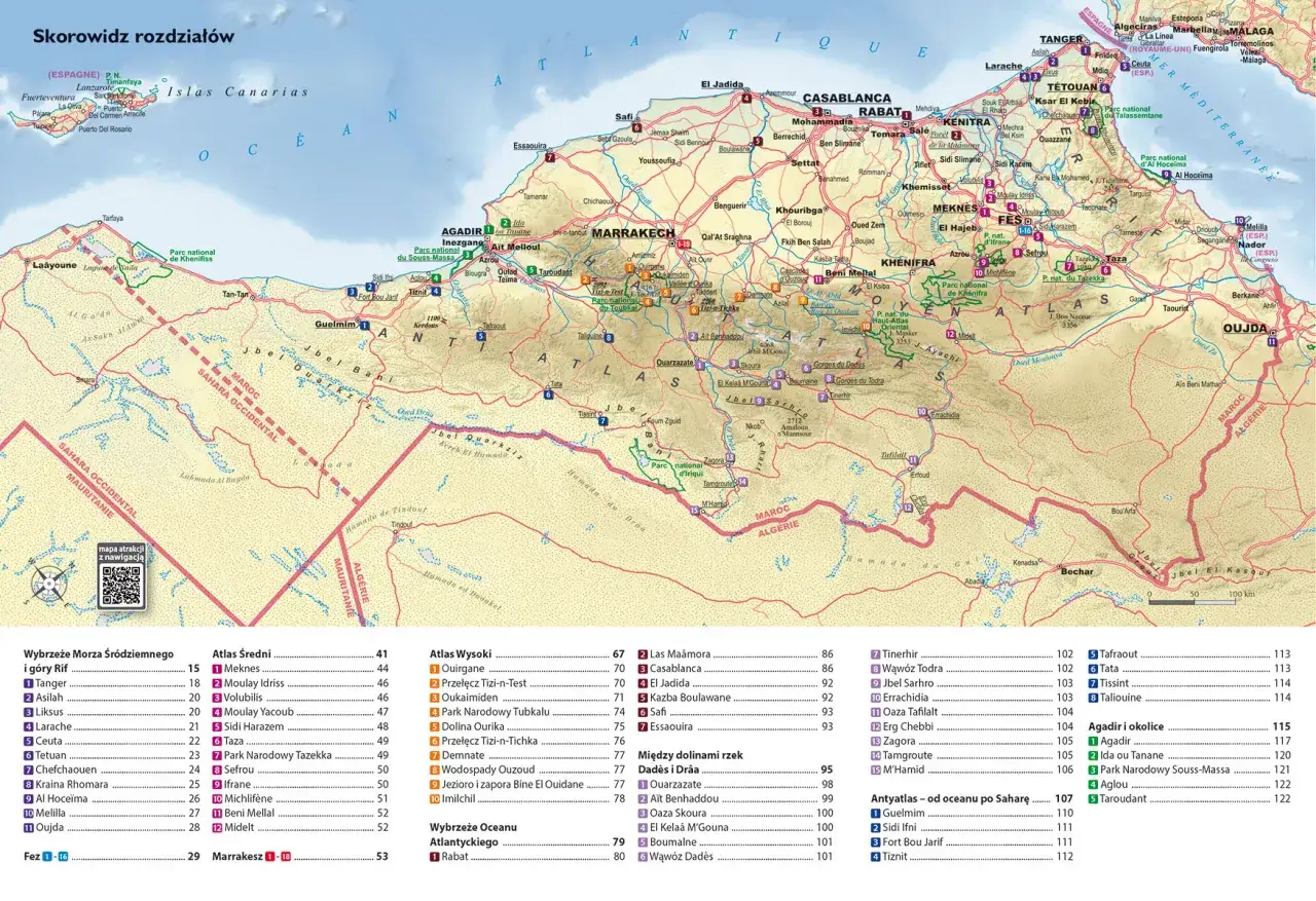 Mapa Maroka, gdzie jest Marrakesz (nr 18), z zaznaczonymi miastami, parkami narodowymi i atrakcjami turystycznymi.