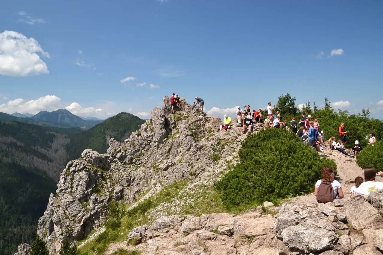 Grupa turystów odpoczywa na skalistym szczycie. Sarnia skała najkrótsza trasa jest popularnym celem wędrówek.