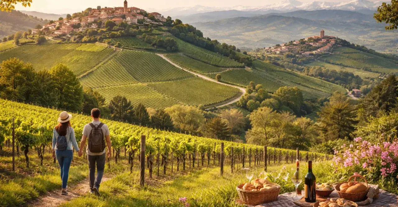 Coppia mano nella mano passeggia tra i vigneti nelle Langhe, con un borgo collinare sullo sfondo.
