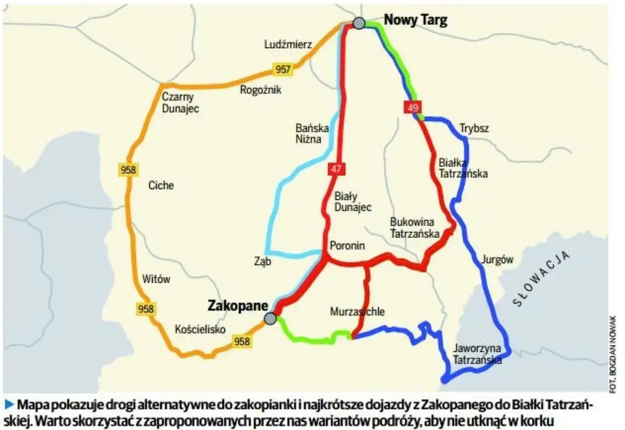 Mapa tras alternatywnych do zakopianki, pokazująca dojazd do Zakopanego i Białki Tatrzańskiej.