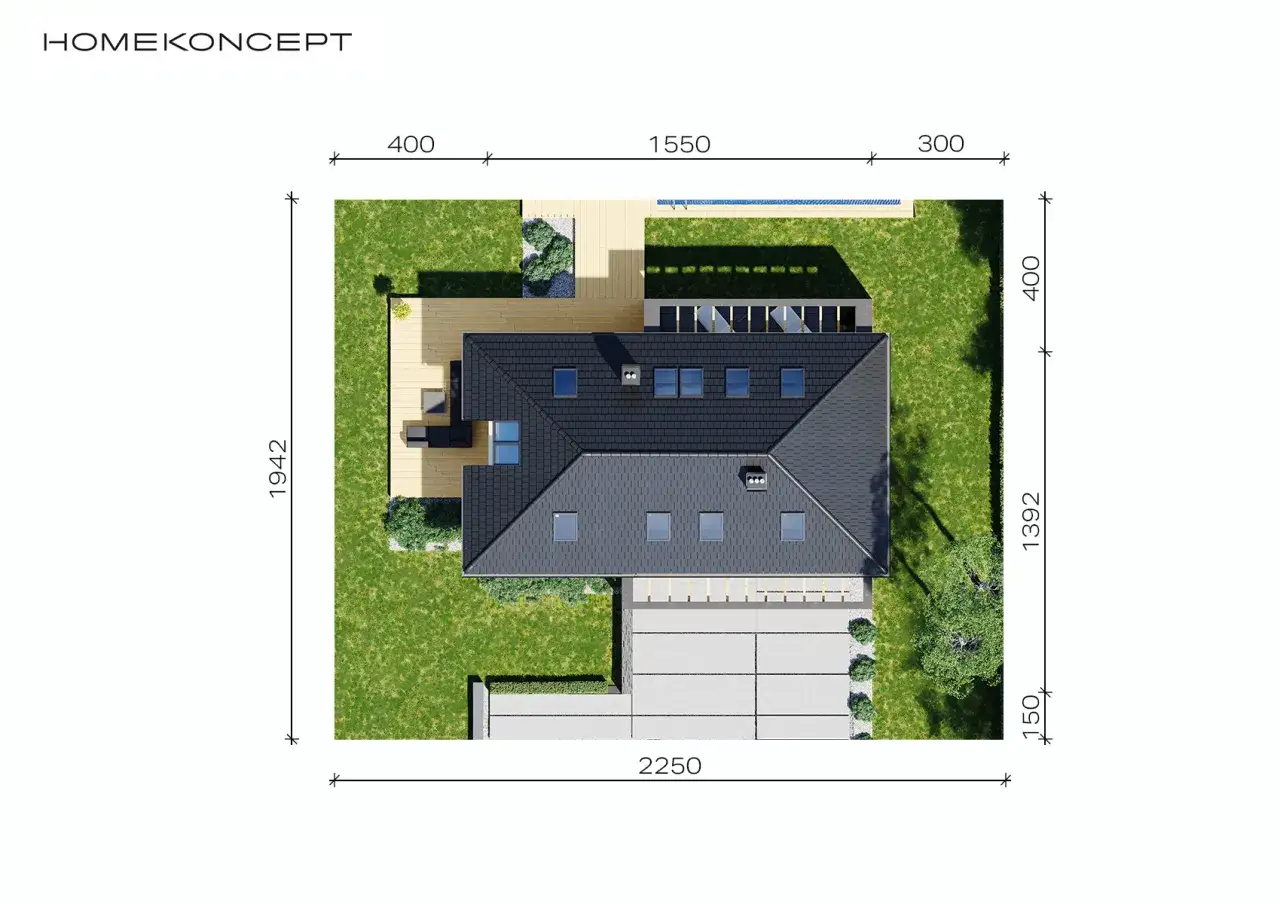 Projektowanie domu: widok z góry na nowoczesny budynek z basenem, tarasem i podjazdem. Wymiary wskazują na precyzyjne planowanie.