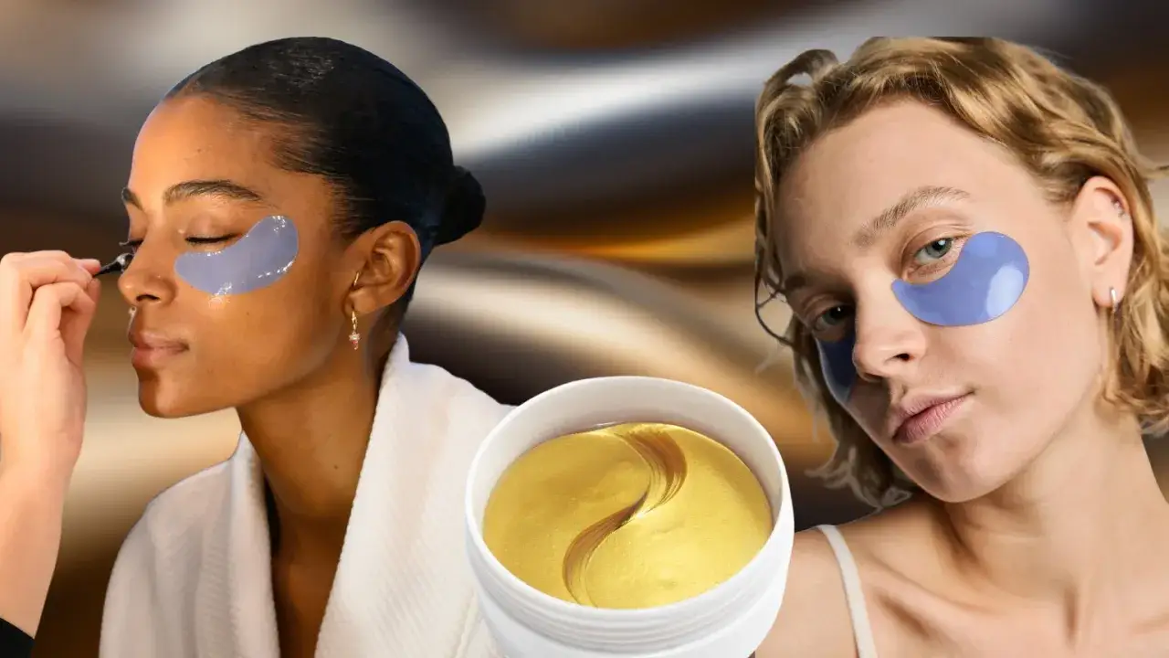Två kvinnor med eye patches under ögonen. En applicerar mascara, den andra tittar in i kameran. Visar hur ska eye patches sitta för bästa resultat.